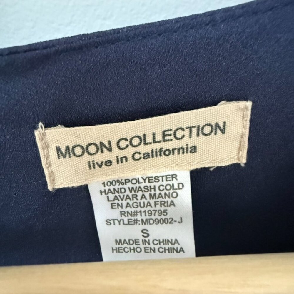 MOON COLLECTION Navy Chiffon Dress w/ Draped Cowl Neck & Waterfall Ruffle - Picture 3 of 3